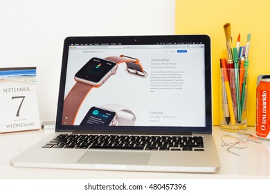 PARIS, FRANCE - SEP 8, 2016: Apple Computers Website On MacBook Pro Retina In A Geek Creative Room Environment Showcasing New Apple Watch Series 2 Activity Rings And Coaching