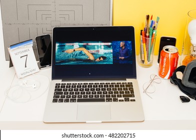 PARIS, FRANCE - SEP 8, 2016: Apple Computers Website On MacBook Retina In Room Environment Showcasing Live Coverage Of Apple Keynote - Apple COO Jeff Williams On Stage About Waterproof Apple Watch