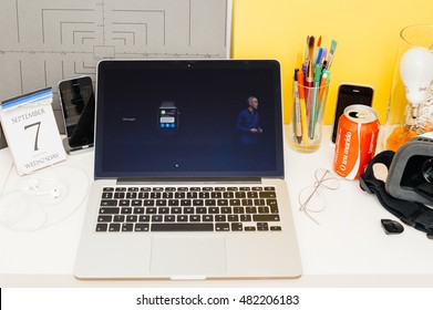 PARIS, FRANCE - SEP 8, 2016: Apple Computers Website On MacBook Retina In Room Environment Showcasing Live Coverage Of Apple Keynote - Apple COO Jeff Williams About New Apple Watch And Messages App