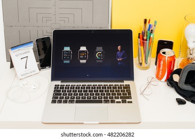 PARIS, FRANCE - SEP 8, 2016: Apple Computers Website On MacBook Retina In Room Environment Showcasing Live Coverage Of Apple Keynote - Apple COO Jeff Williams About New Apple Watch Series 2