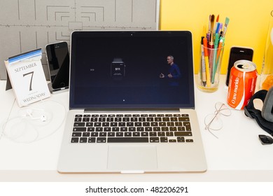 PARIS, FRANCE - SEP 8, 2016: Apple Computers Website On MacBook Retina In Room Environment Showcasing Live Coverage Of Apple Keynote - Apple COO Jeff Williams About New Apple Watch Sos 911 App