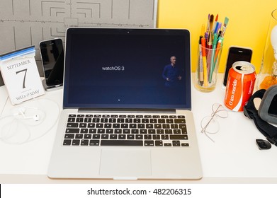 PARIS, FRANCE - SEP 8, 2016: Apple Computers Website On MacBook Retina In Room Environment Showcasing Live Coverage Of Apple Keynote - Apple COO Jeff Williams About New Apple Watch