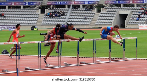 PARIS, FRANCE - SEP.13: (R-L) Sergey Shubenkov, Pascal Martinot Lagarde and Aleec Harris run 110 m. hurdles on DecaNation International Outdoor Games on September 13, 2015 in Paris, France.