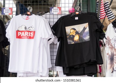 Paris, France - Sept 01, 2019: Paris Gift Souvenir Shop T-shirt. Mona Lisa And Snoopy. 