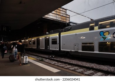 Paris, France - Sept. 2022 - A Double-decker Regional Express Train (TER) On The Platform At Austerlitz Railway Station, Operated By The Transport Company SNCF For The Region Centre-Val-de-Loire