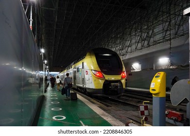 Paris, France - Sept. 2022 - A Double-decker Regional Express Train (TER) On The Platform At Austerlitz Railway Station, Operated By The Transport Company SNCF For The Region Centre-Val-de-Loire