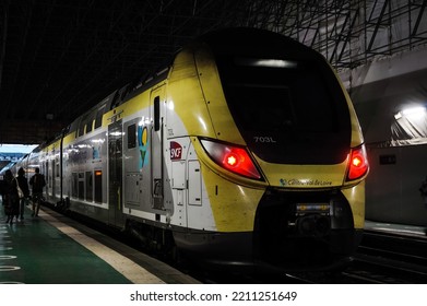 Paris, France - Sept. 2022 - A Double-decker Regional Express Train (TER) On The Platform At Austerlitz Railway Station, Operated By The Transport Company SNCF For The Region Centre-Val-de-Loire