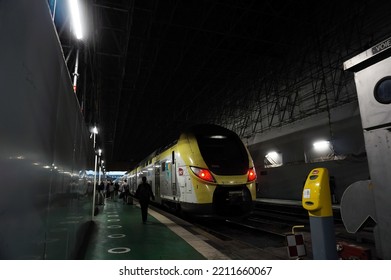 Paris, France - Sept. 2022 - A Double-decker Regional Express Train (TER) On The Platform At Austerlitz Railway Station, Operated By The Transport Company SNCF For The Region Centre-Val-de-Loire