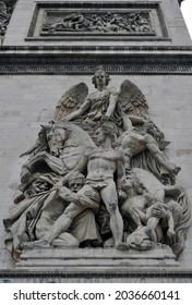 Paris, France - Sept. 22, 2018: Detail Of The Sculptural Group La Résistance De 1814, By Sculptor Antoine Étex, On The Landmark Arc De Triomphe In Paris' Place Charles De Gaulle.
