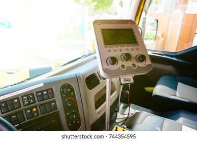 PARIS, FRANCE -SEPT 5, 2014: Interior Of Modern Renault Industrial Sewer Cleaning Truck With Vacuum And Hydro Excavation - Buttons, Steering Wheel, Dashboard Command Schmidt Tech