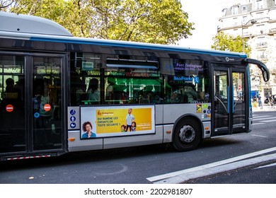 Paris, France - September 05, 2022 Bus Driving Through The Streets Of Paris, Buses Are Inexpensive And Drop You Off At Any Location In The Capital Quite Quickly, Many Of Its Buses Run On Gas
