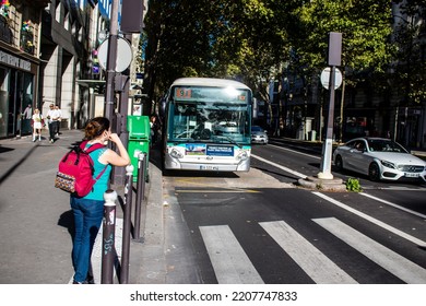 Paris, France - September 14, 2022 Bus Driving Through The Streets Of Paris, Buses Are Inexpensive And Drop You Off At Any Location In The Capital Quite Quickly, Many Of Its Buses Run On Gas