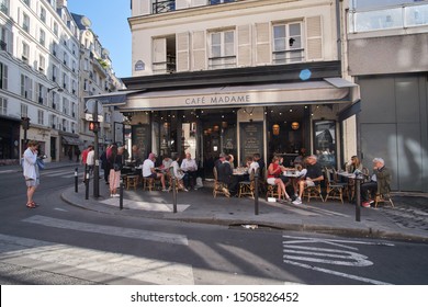 Paris, France - September 15 2019 : Typical Parisian Café In A Small Street Of The Capital