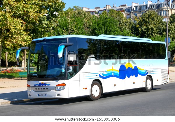 Paris, France - September 15, 2019:\
Touristic coach bus Setra S415GT-HD in the city\
street.