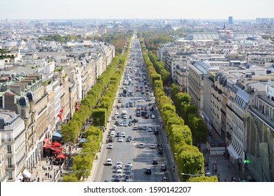 PARIS, FRANCE - SEPTEMBER 16, 2019: View From The Arc De Triomphe In Paris, Down The Avenue Des Champs-Elysees, Towards The Louvre On September 16, 2019 