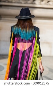 Paris, France, September 2016 -  Jacket Details With Color Fringes Back And Painted Hair. Woman Fashion Week Street Style Spring/Summer 2017