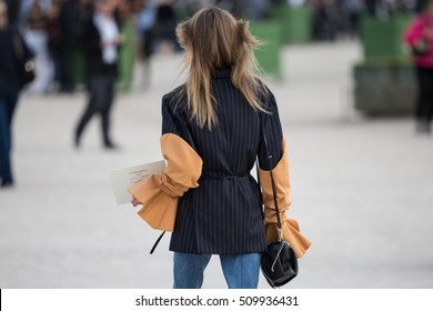 Paris, France, September 2016 -  Jacket Details With Embroidered Or Painted Back. Woman Fashion Week Street Style Spring/Summer 2017