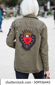 Paris, France, September 2016 -  Jacket Details With Embroidered Or Painted Back. Woman Fashion Week Street Style Spring/Summer 2017