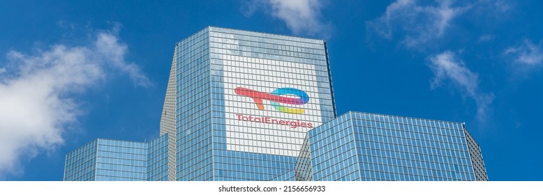 Paris, France - September 2021 : Top of the Total Energies tower, the headquarters building of the French company in La Défense, Paris