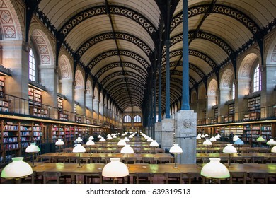 Paris, France - September 23 2015: The beautiful interior of a French National Library in downtown Paris.