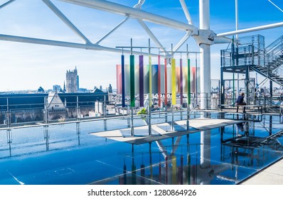 PARIS, FRANCE - September 24, 2017: Interior of the Centre Georges Pompidou in Paris, France. The Centre Georges Pompidou is a complex building in the Beaubourg area of the 4th arrondissement of Paris