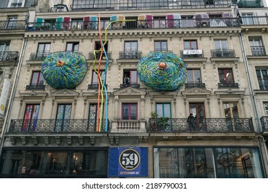 Paris, France - September 27 2019: An Art Installation At The Front Facade Of The Famous 59 Rivoli Art Gallery Building.