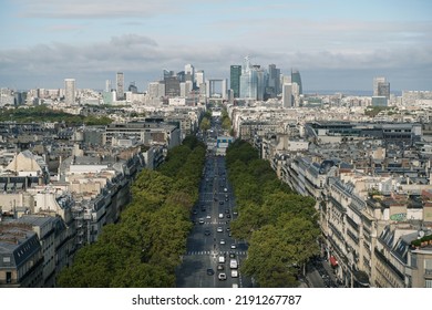 Paris, France - September 28 2019: The View At The Top Of Arc De Triomphe From The Avenue De La Grande Armée All The Way To The Business District Of La Defense.