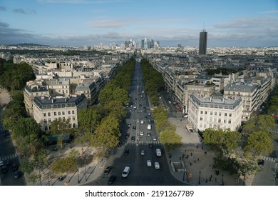 Paris, France - September 28 2019: The View At The Top Of Arc De Triomphe From The Avenue De La Grande Armée All The Way To The Business District Of La Defense.