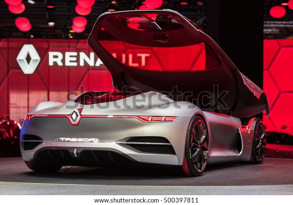 PARIS, FRANCE - SEPTEMBER 29, 2016 : The Electric\
concept car coupe 2 seat Trezor from car manufacturer Renault at\
the Paris Motor show\
2016.