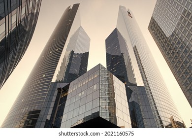 Paris, France - September 29, 2017: modern architecture of La Defense. Tall towers. Architectural design. Architecture and structure. Architecture and engineering. Architecture and urban development