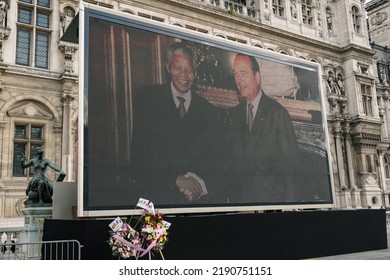 Paris, France - September 29 2019: A Video Presentation On A Big Screen At A Public Memorial Of Former French President Jacques Chirac Outside Hotel De Ville Paris