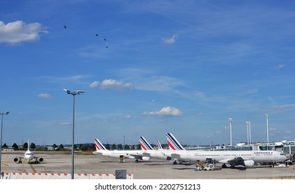 Paris, France - September 4, 2022: Five Air France Planes Stand Near The Terminal F At Charles De Gaulle Airport