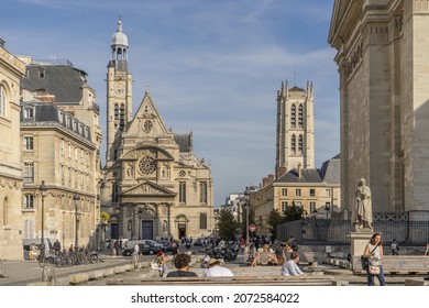 Paris, France - September 6, 2021 - View Of Place Du Pantheon With Lycée Henri-IV To The Right And Saint-Étienne-du-Mont To The Left.