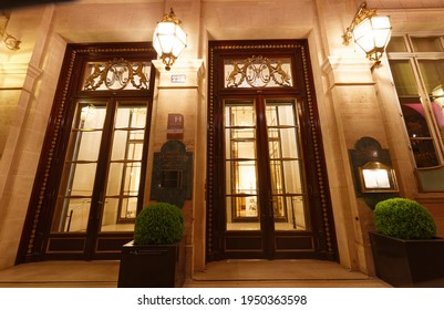 Paris, France-April 04, 2021 : The Famous  Luxury Hotel Palace Le Meurice Located In The Center Of Paris On Rue De Rivoli Across From Jardin Des Tuileries.