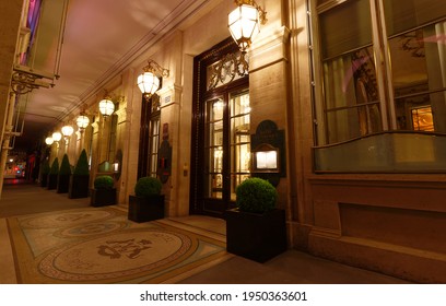 Paris, France-April 04, 2021 : The Famous  Luxury Hotel Palace Le Meurice Located In The Center Of Paris On Rue De Rivoli Across From Jardin Des Tuileries.