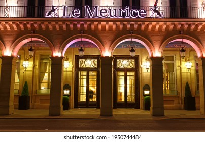 Paris, France-April 04, 2021 : The Luxury Hotel Palace Le Meurice Located In The Center Of Paris On Rue De Rivoli Across From Jardin Des Tuileries.