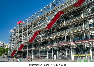 Paris, France-circa august, 2019: Street view from the front of the Pompidou Center, a multicultural and contemporary arts's center. It's a complex building known for its bold high-tech architecture. 