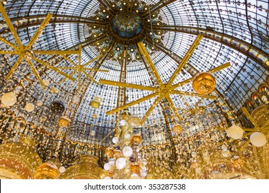 Paris; France-December 19; 2015; The Christmas decoration at Galeries Lafayettes located on Boulevard Haussmann in Paris.The Galeries Lafayette has been selling  luxury goods since 1895.
