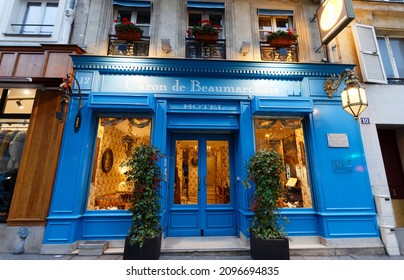 Paris, France-December 23, 2021 : Hotel Caron de Beaumarchais is a romantic phantasy for art lovers and lovers of history, a romantic hideaway in a historic quarter, The Marais, 23 December , 2021.