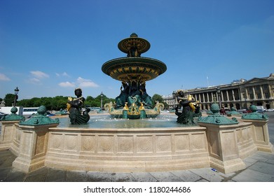 PARIS, FRANCE-JUL 23, 2018: Details Fountain of River Commerce and Navigation on the Place de la Concorde in Paris, France