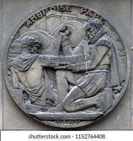 PARIS - JANUARY 11, 2018: Ambroise Pare, French Barber Surgeon, Fathers Of Surgery And Modern Forensic Pathology And A Pioneer In Surgical Techniques And Battlefield Medicine,Faculte De Medicine Paris