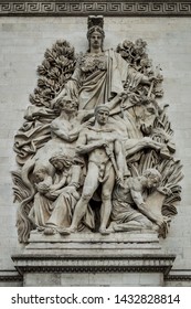 Paris - July 10th 2014: La Paix Sculpture In The Facade Of The Arc De Triomphe, By Antoine Étex.