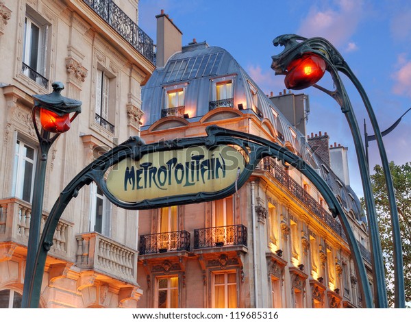 PARIS -\
JULY 20: Metropolitain sign Saint-Michel Metro Station on July 20,\
2012 in Paris, France. The Station is located in the centre of\
Paris and named after the Boulevard\
Saint-Michel.