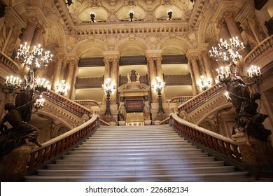 PARIS - JULY 6: Opera Garnier Stairway, Interior. Is The Most Famous Opera House In The World, Known For The Baroque Opulence Of The Interiors, On July 6, 2014 In Paris.