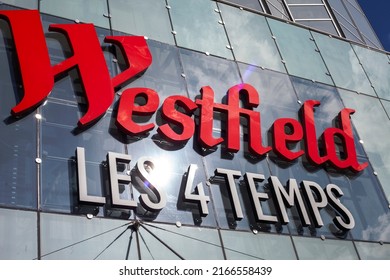 PARIS - JUNE 14, 2022: Exterior of Westfield Les 4 Temps mall. This mall, operated by Unibail-Rodamco-Westfield, is located in Paris-La Défense.
