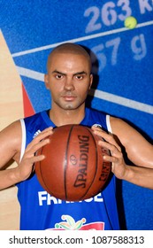 PARIS - MAR 30, 2018: Tony Parker, French Basketball Player,  Sport Area, Wax Museum Grevin In Paris, France