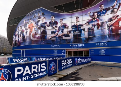 PARIS - MARCH 30, 2018: Whole PSG team on the main entrance of the Parc des Princes stadium, the home pitch of the French Ligue 1 football club Paris Saint-Germain