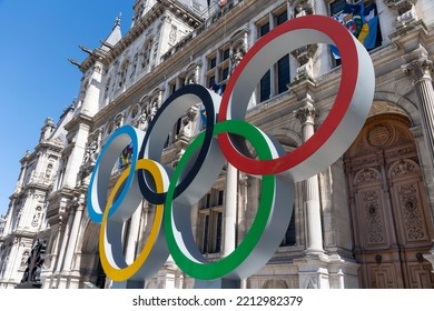 Paris, May 2022, Logo Of The Olympic Games In Paris On The Place Of The Town Hall In Paris