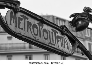 Paris Metro Metropolitain Sign In Black And White