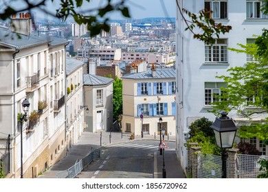 Paris, Montmartre, Typical Buildings, Romantic View With The City In Background